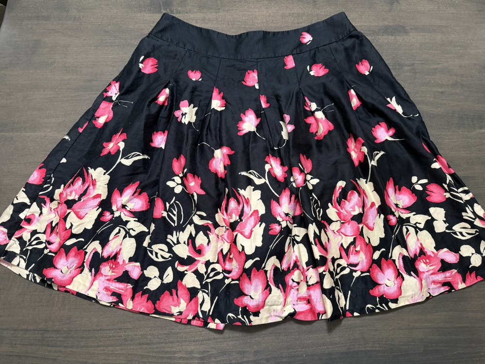 George Womens Black Floral Pleated Skirt 12 100% Cotton Mid-Rise A-Line Style